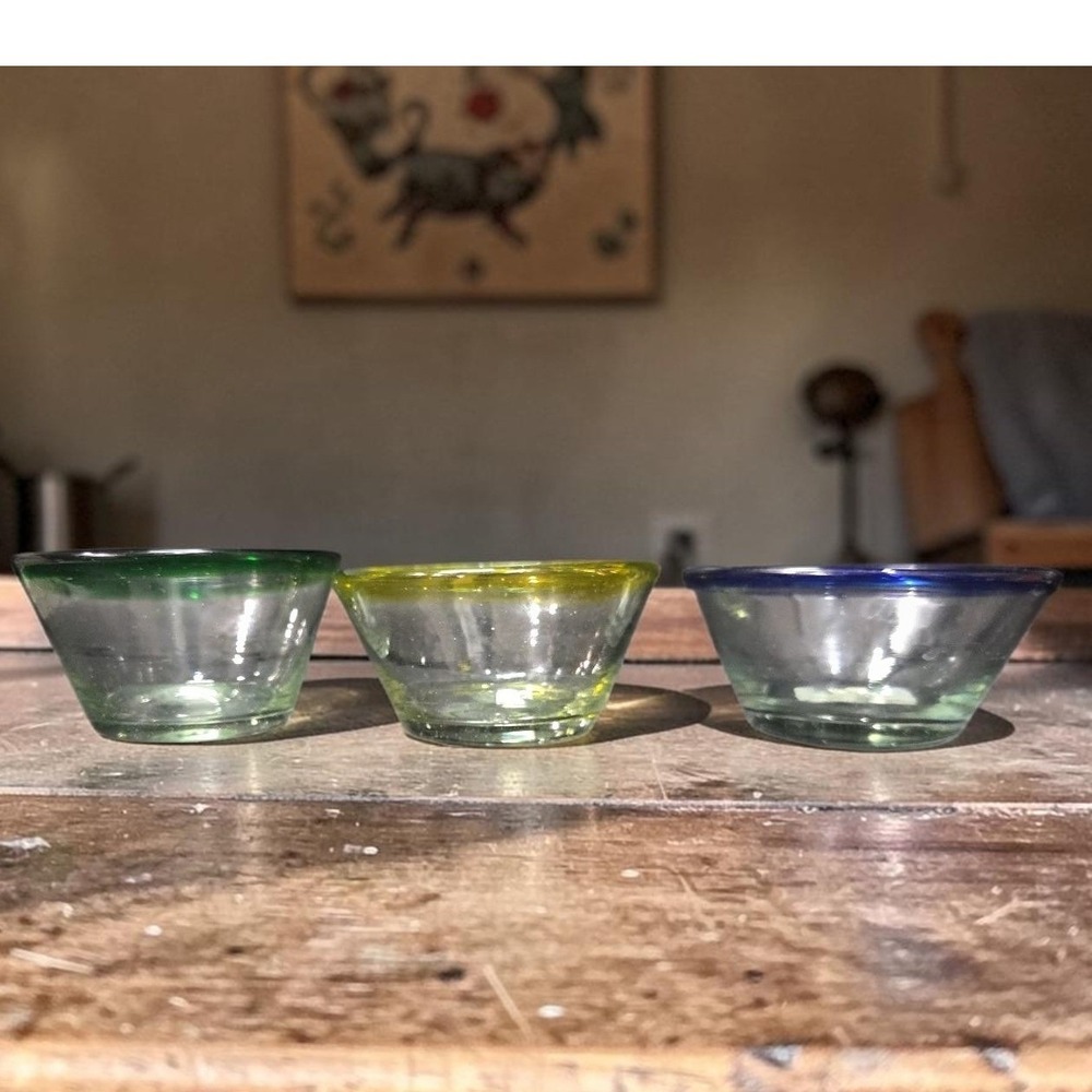 Mexican Hand‎ Blown Berry Bowls, Set of 3, Recycled Artisan Glass, Yellow Green